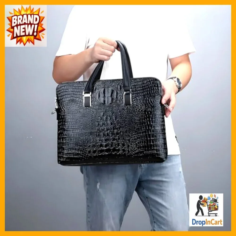 Leather Business Briefcase Classic Crocodile Pattern Handmade Shoulder Bag